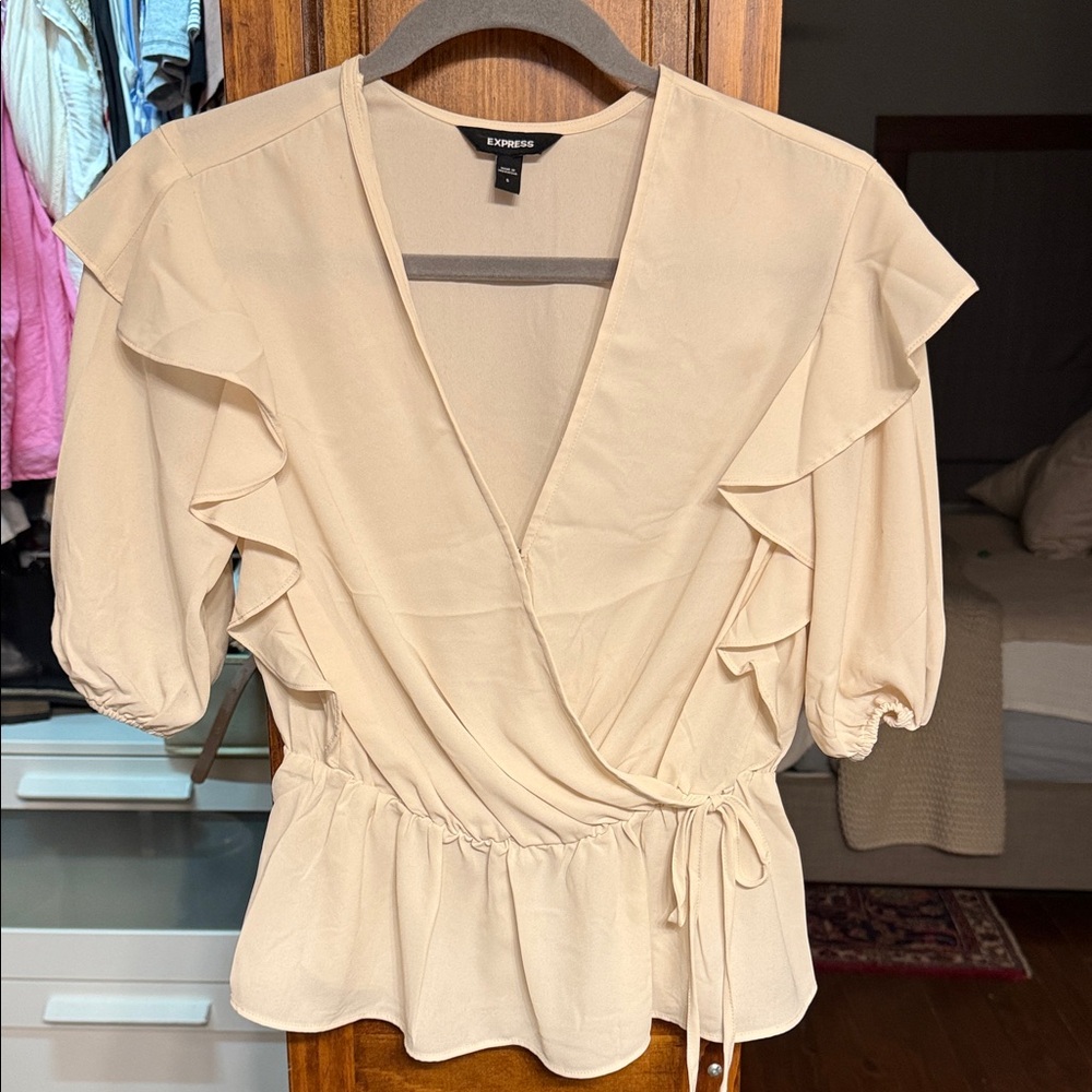 Express Beige Ruffle Wrap Blouse